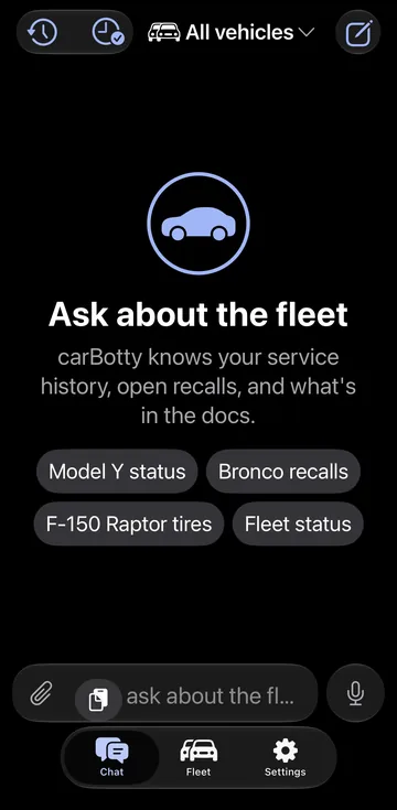 carBotty: An AI assistant that answers questions about a fleet's service history, recalls, and documents.
